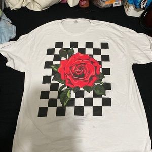 Checkered and rose shirt.